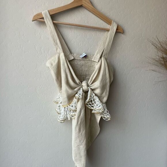 My Beachy Side‎ Top Crop Lace Tie Front Tan Crochet Tank Top OS - Picture 2 of 6